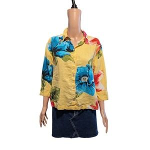 Chico's Size 1 (M) 100% Linen Shirt Yellow Floral Button Up FLAW